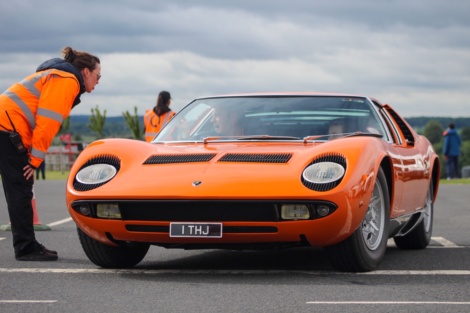 1 THJ private number plate on a Lamborghini Miura, spotted in Donington Park