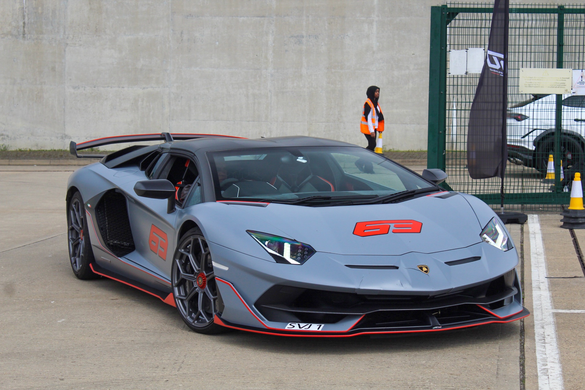 SVJ 1 private number plate on a Lamborghini Aventador, spotted in Silverstone Circuit