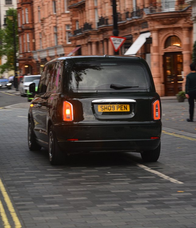 SH09 PEN private number plate on a LEVC, spotted in London