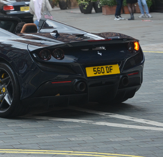 560 DF private number plate on a Ferrari F8, spotted in London