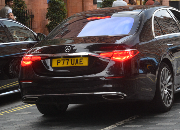 P77 UAE private number plate on a Mercedes-Benz S-Class, spotted in London