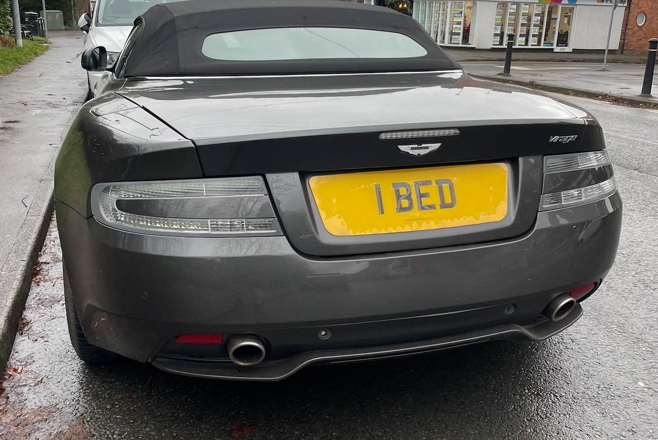 1 BED private number plate on a Aston Martin Virage Volante, spotted in Worcester