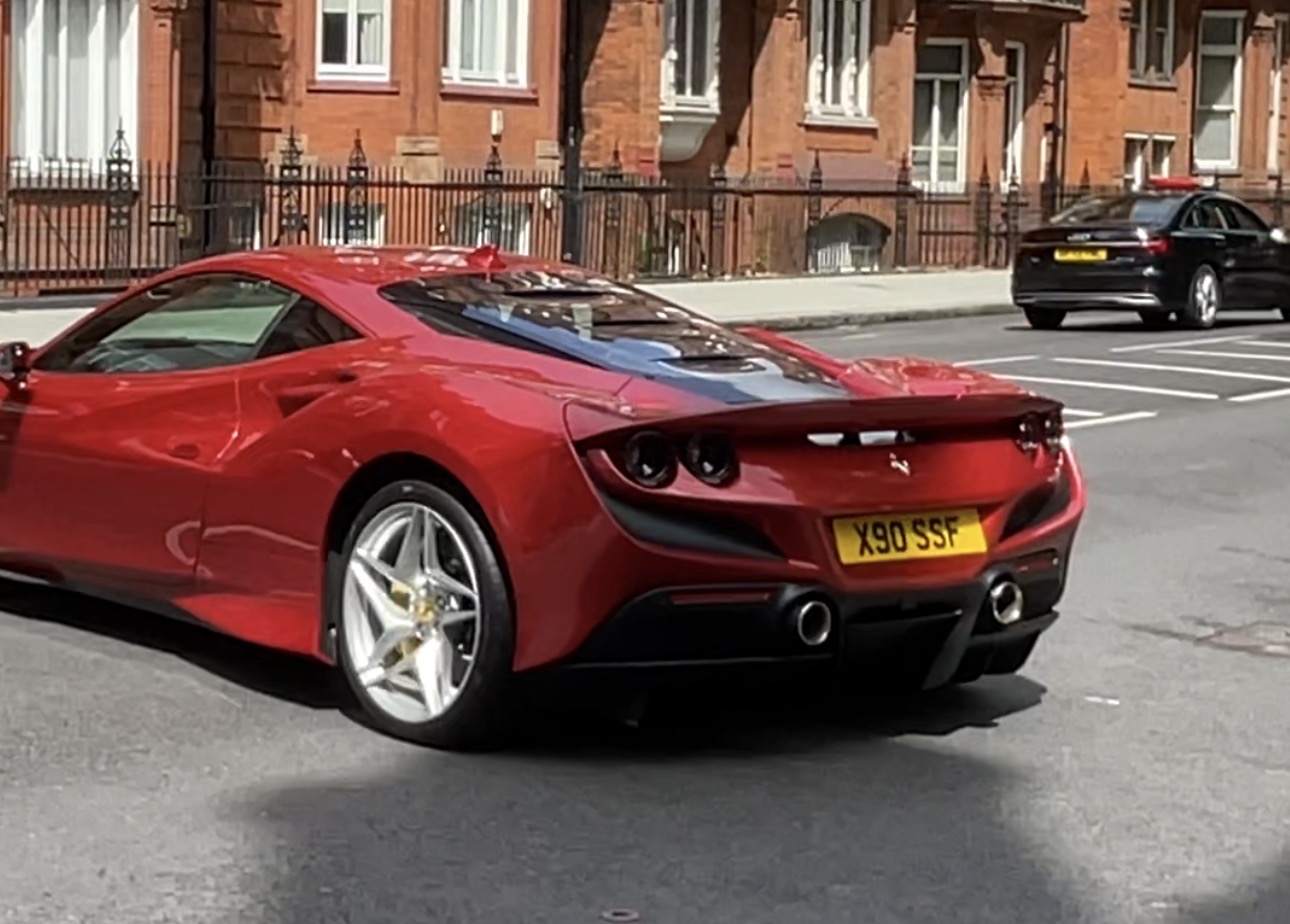 X90 SSF private number plate on a Ferrari F8, spotted in London