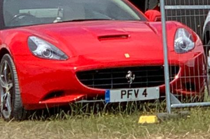 PFV 4 private number plate on a Ferrari California, spotted in Goodwood