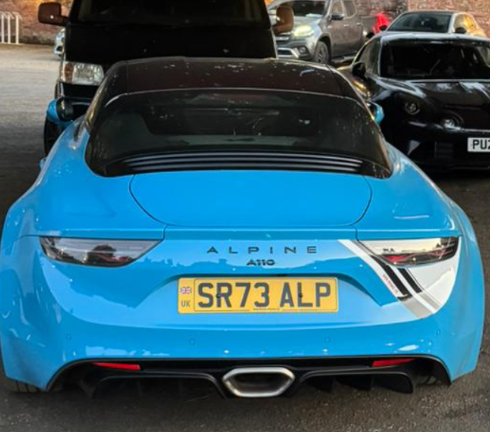 SR73 ALP private number plate on a Alpine A110, spotted in Goodwood