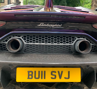 BU11 SVJ private number plate on a Lamborghini Aventador, spotted in London