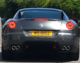 MSU 102 private number plate on a Ferrari 599, spotted in Egham