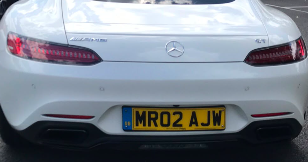 MR02 AJW private number plate on a Mercedes-Benz AMG GT, spotted in Egham