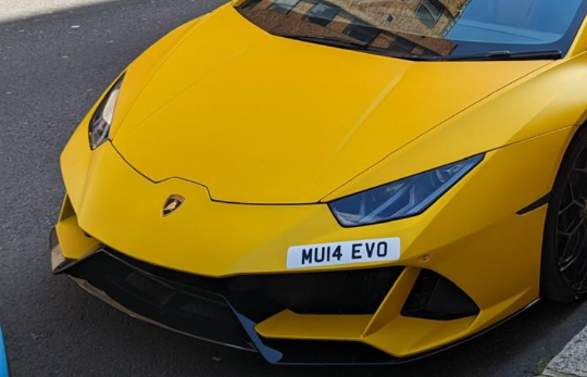 MU14 EVO private number plate on a Lamborghini Huracan, spotted in London